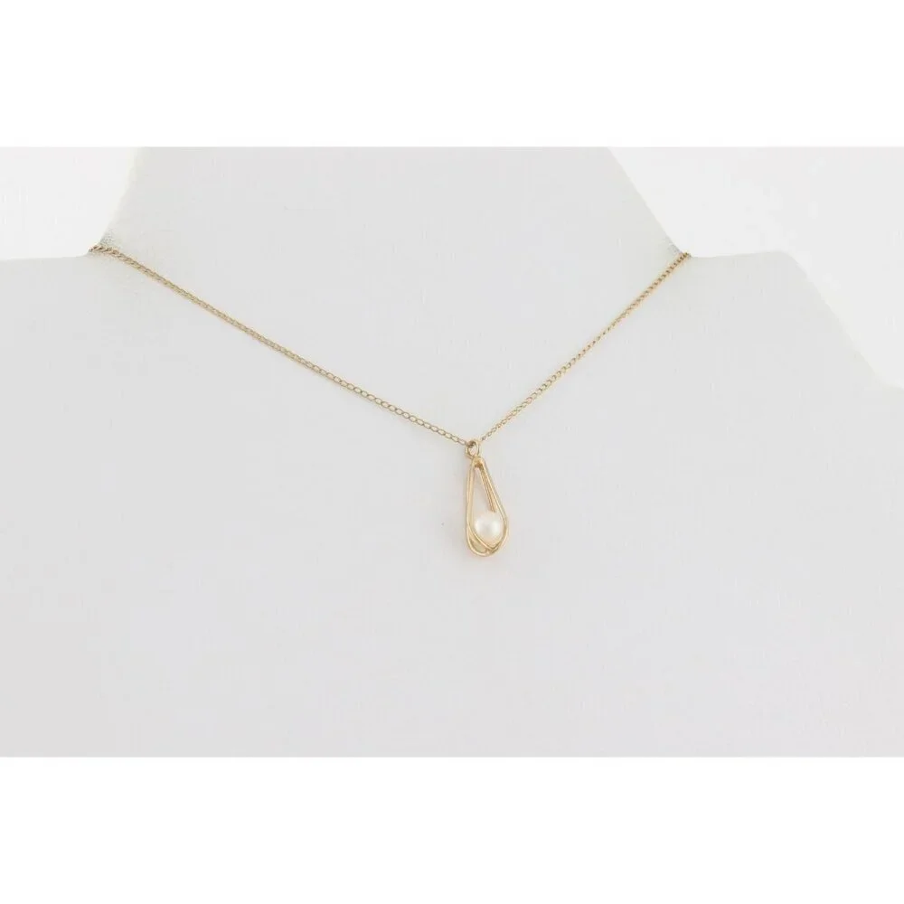 14k Yellow Gold Freshwater Pearl Necklace 15" Chain Petite Woman Teen Child - Picture 3 of 8